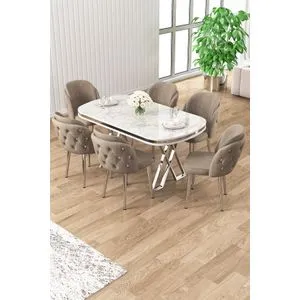 Zae - White Marble, Chrome, Cappuccino White Marble
Chrome
Cappuccino Dining Table &amp; Chairs Set (7 Pieces)