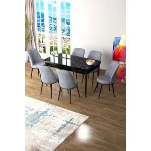 Zen - Crni Mramor, Sivi Produživi Trpezarijski Sto i Set Stolica (7 Delova)