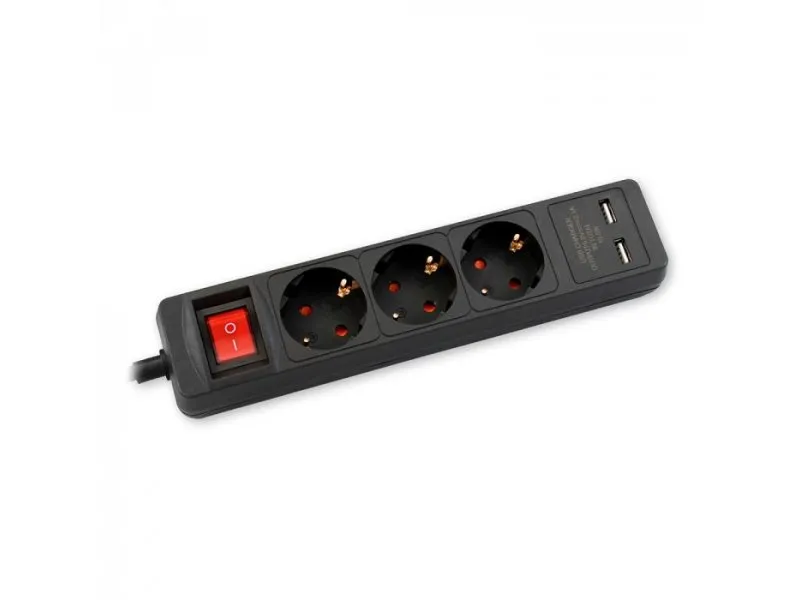 Produžni Kabl 3m 3xšuko Sa Sklopkom + 2xUSB, Crni