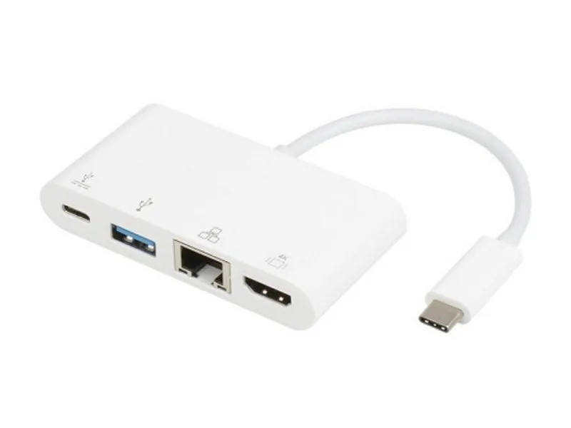 Adapter USB 3.1 tip C (M) - HDMI + USB3.0 + RJ45 + tip C (F) beli