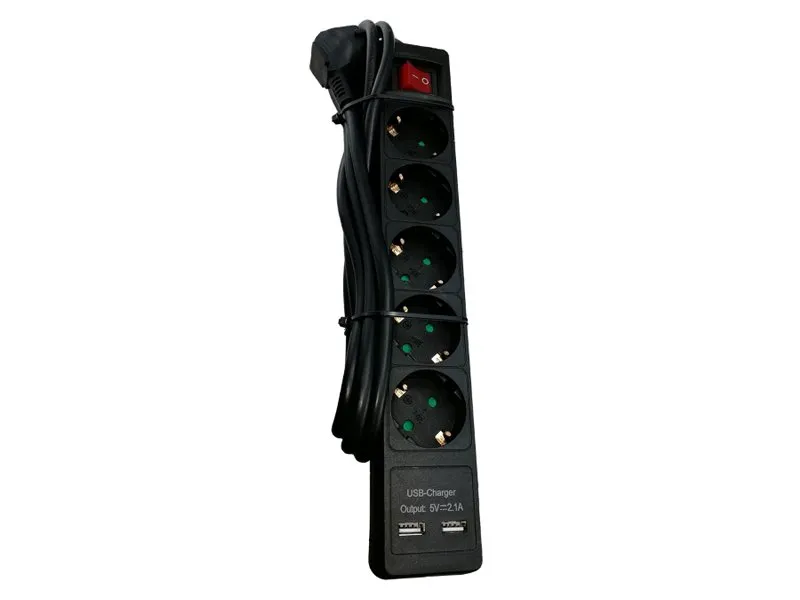 naponski produžni Kabl, 5 x šuko + 2xUSB sa prekidacem i zaštitom, 2m, crni