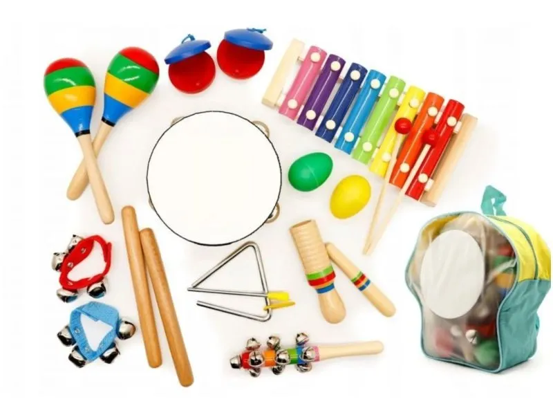 Drveni muzički instrumenti za decu set od 10 komada sa rancem