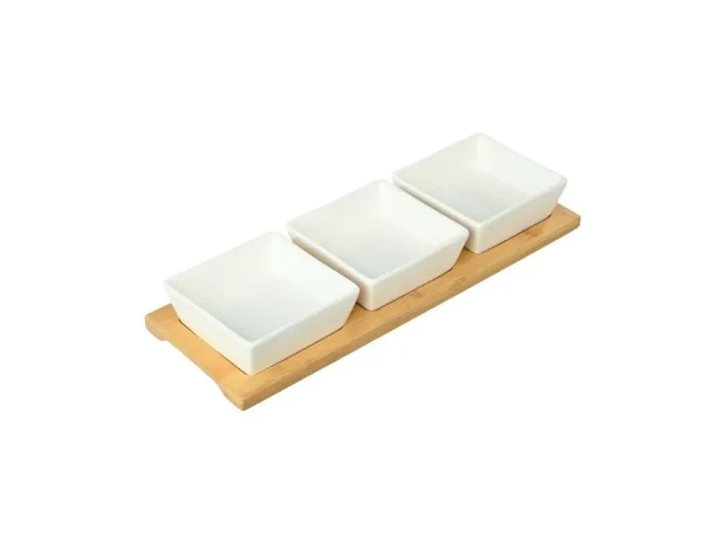Porcelanski set 3 posude na dasci od bambusa (ES01-20231)