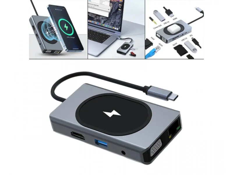 Adapter TIP-C HUB 9 u 1+ Wireless Punjenje