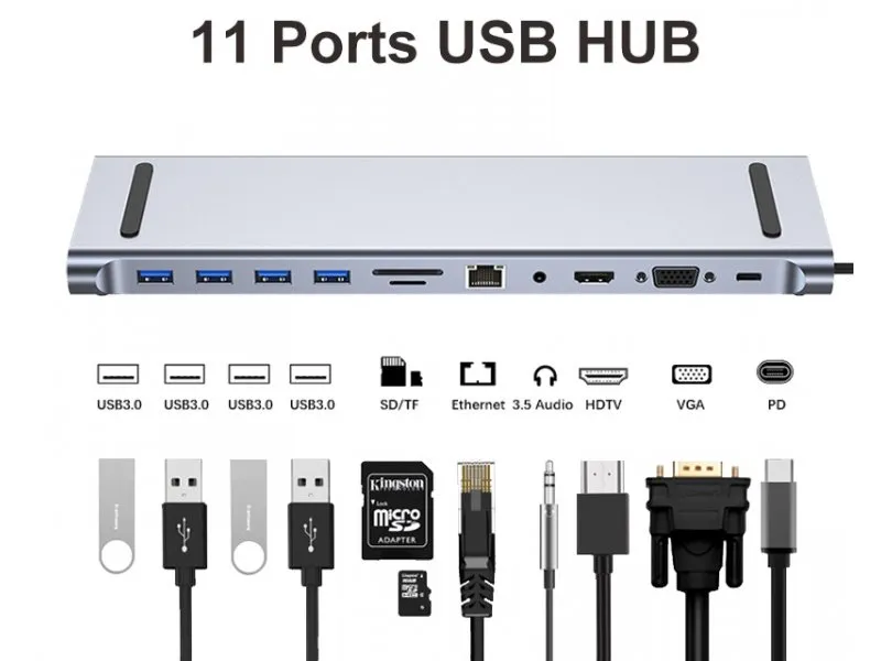 Adapter TIP-C HUB na 4xUSB +SD/micro+RJ45+HDMI+ VGA+ PD+ Audio