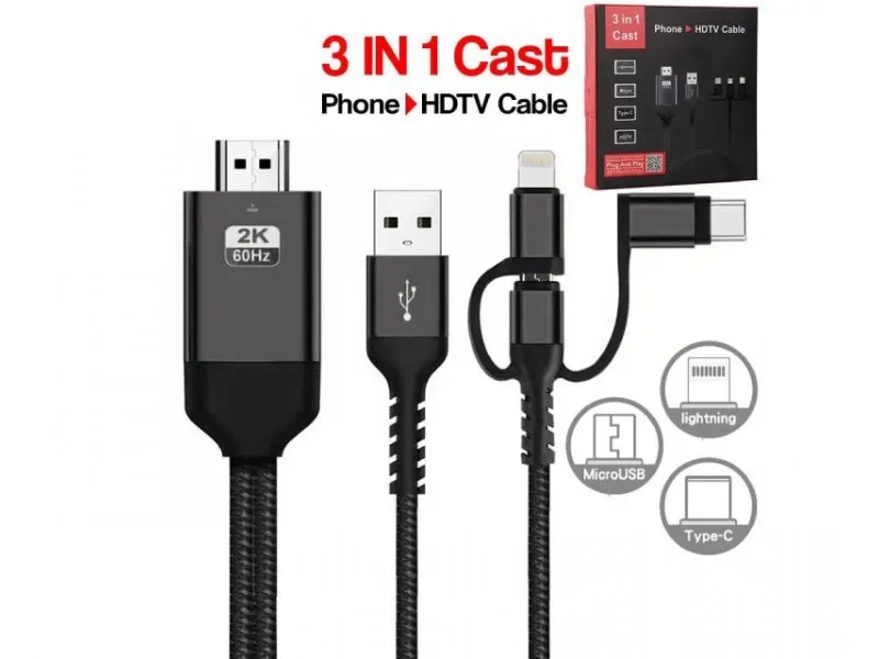 Kabl HDMI 2K na (Micro+Tip C+Iphone) povezuje TV+mob 2m