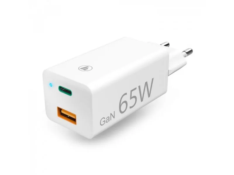 GaN Punjac USB-C (PD), USB-A (QC 3.0), 65W, Beli