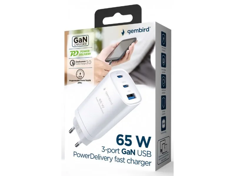 TA-UC-PDQC65-01-W Gembird 3-port 65W GaN USB PowerDelivery fast charger, white