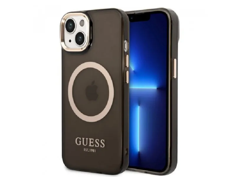Maska za iPhone 14 Plus Gold Outline Translucent Black MagSafe