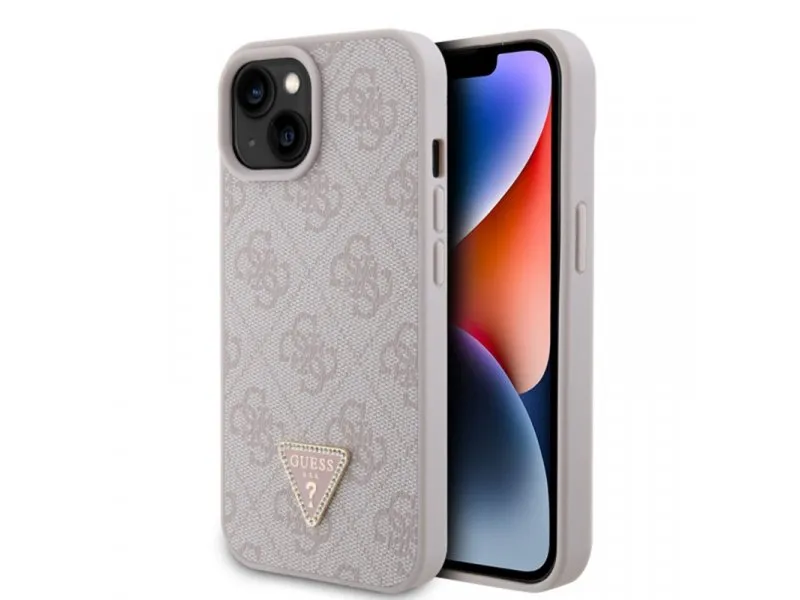 maska za iPhone 15 LEATHER 4G TRIANGLE STRASS PINK