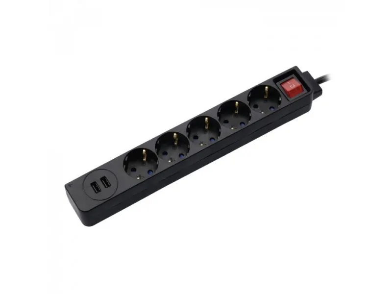 Distributer Sa 5 Uticnica I 2 USB Porta, Crni