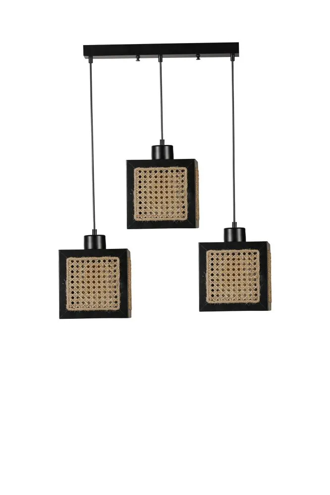 Kumsal 3 Lu Sıralı Siyah Rattan Avize luster