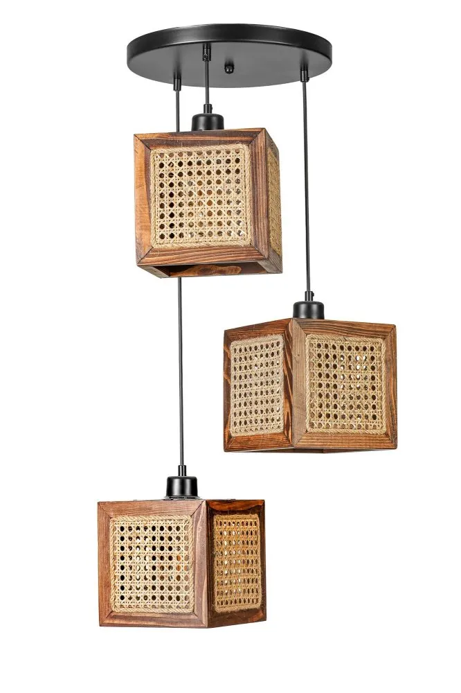 Kumsal 3 Lu Tepsili Ceviz Rattan Avize luster