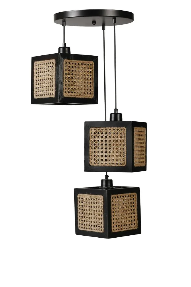 Kumsal 3 Lu Tepsili Siyah Rattan Avize luster