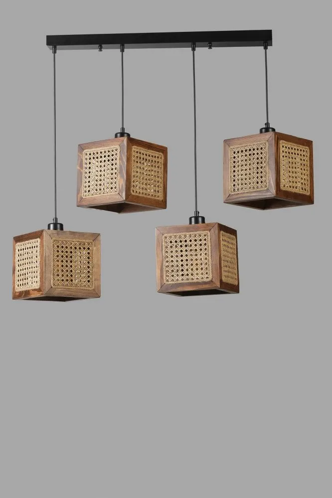 Kumsal 4 Lu Sıralı Ceviz Rattan Avize luster
