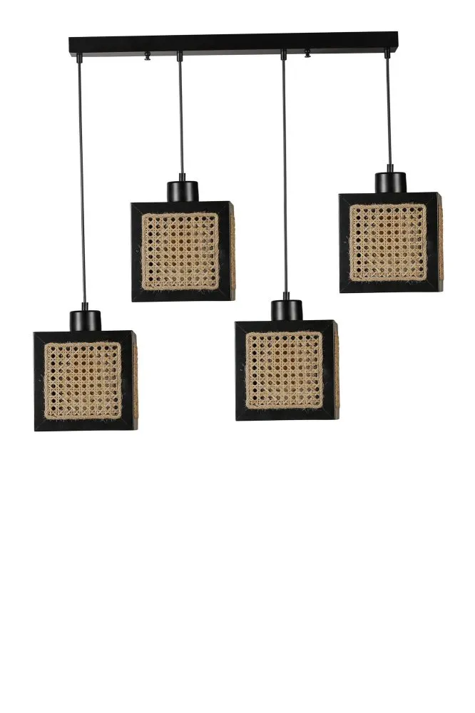 Kumsal 4 Lu Sıralı Siyah Rattan Avize luster