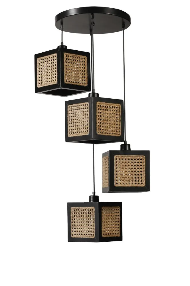 Kumsal 4 Lu Tepsili Siyah Rattan Avize luster