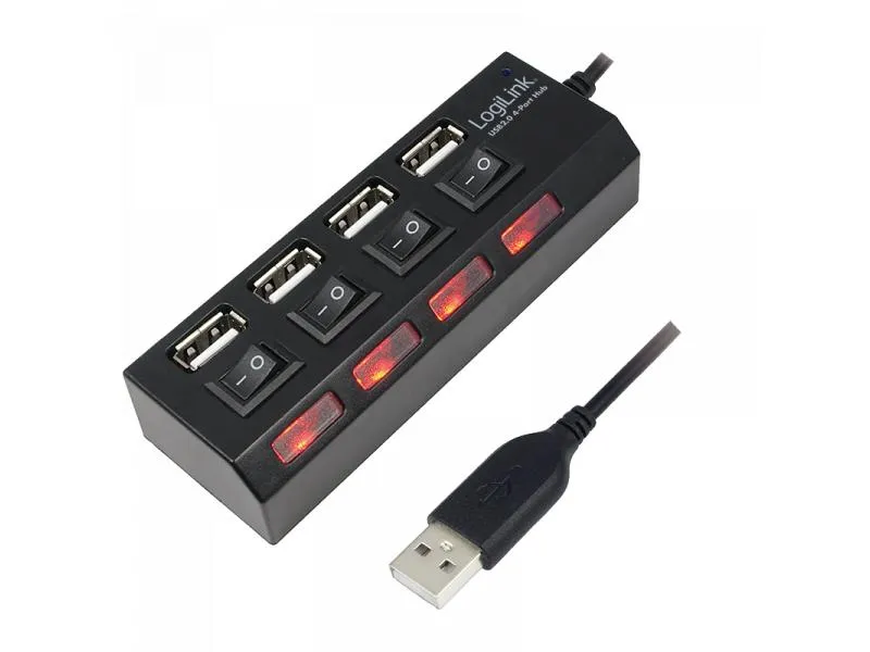 USB 2.0 HUB, 4-port, On/Off, crni