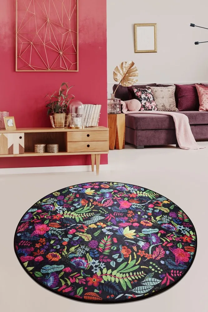 Pictura Black Multicolor okrugli tepih sa cvetnim printom 100 cm (882CHL3214)