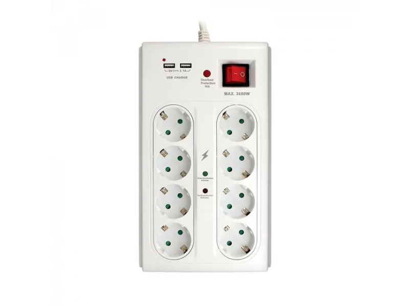 Produžni Kabl 8 Na 1 + 2xUSB Sa Prenaponskom, 3m H05VV-F 3x1,5
