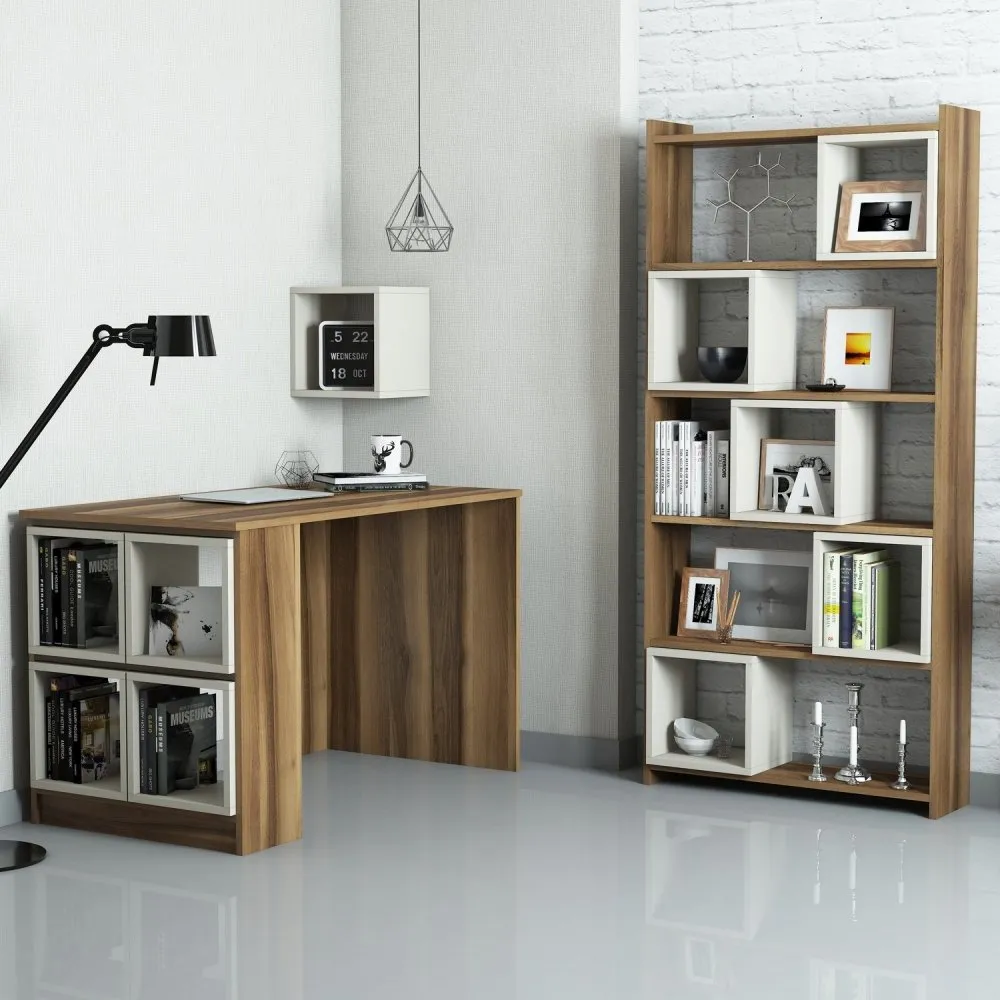 Radni sto sa policom za knjige Box Walnut Cream