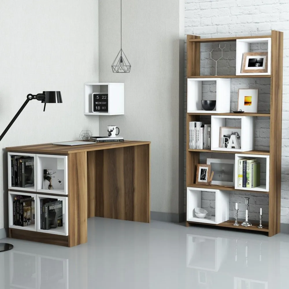 Radni sto sa policom za knjige Box Walnut White