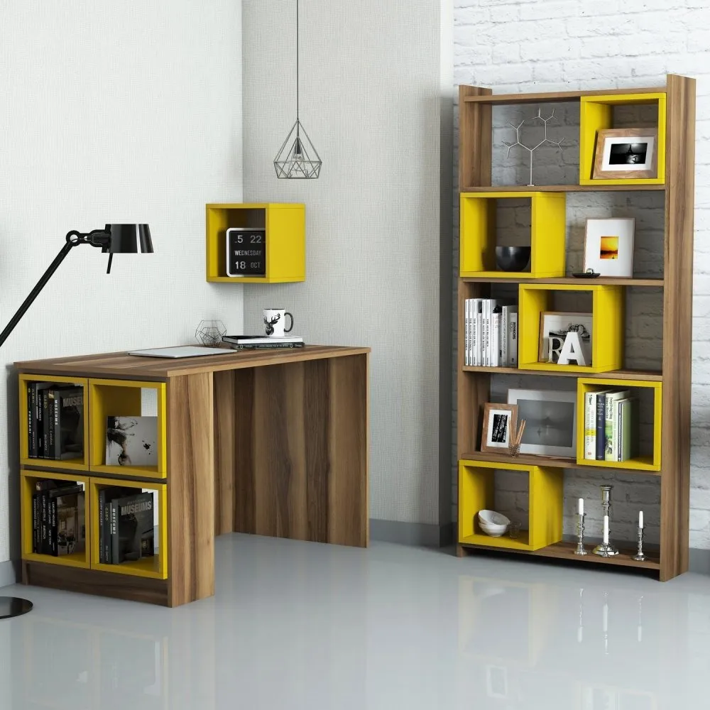 Radni sto sa policom za knjige Box Walnut Yellow