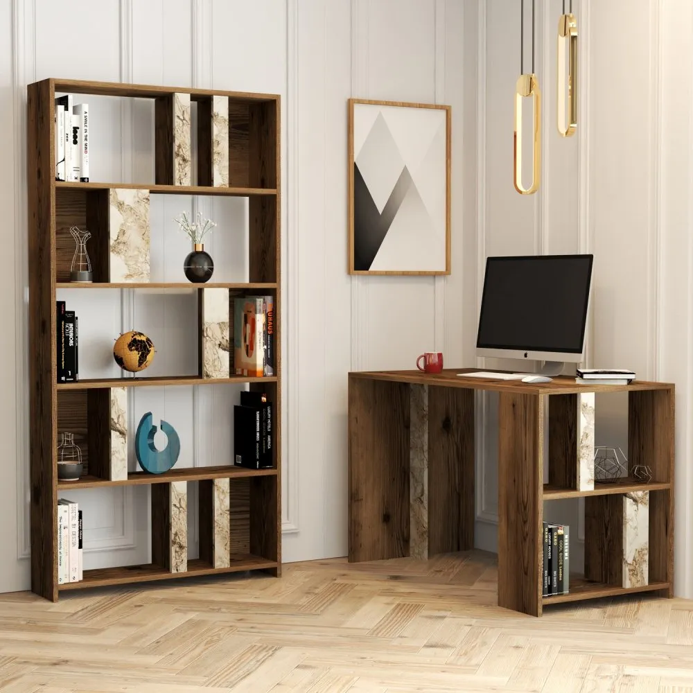 Radni sto sa policom za knjige Lima Walnut White Marble