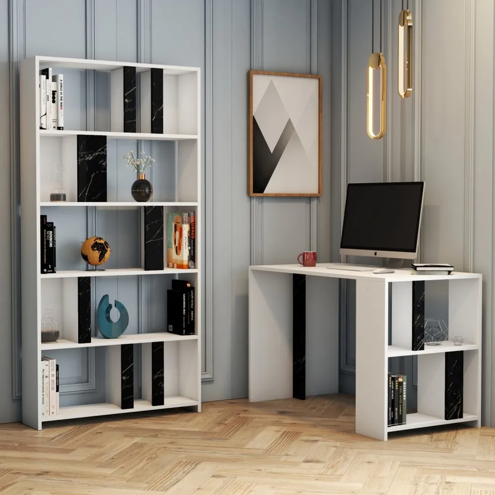 Radni sto sa policom za knjige Lima White Black Marble