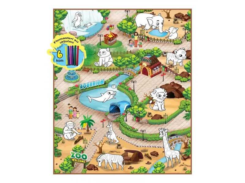 Podloga za igranje Zoološki vrt + 6 flomastera 90 x 120cm
