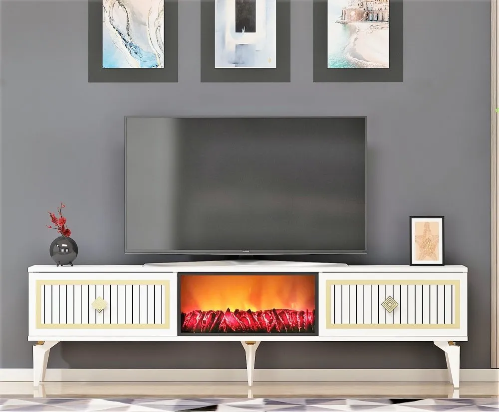 TV polica Flame Fireplace White Gold