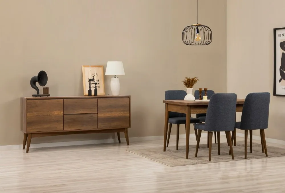 Vina 01 1048 Walnut Dark Blue (Produžni trpezarijski sto, stolice i konzola (6 komada))