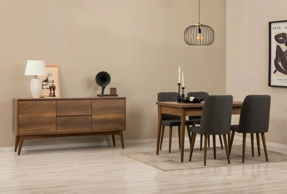 Vina 01 1053 Walnut Anthracite (Produžni trpezarijski sto, stolice i konzola (6 komada))