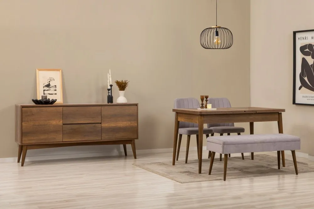 Vina 02 0701 Walnut Grey Produživi trpezarijski sto, stolice i konzola (5 komada))