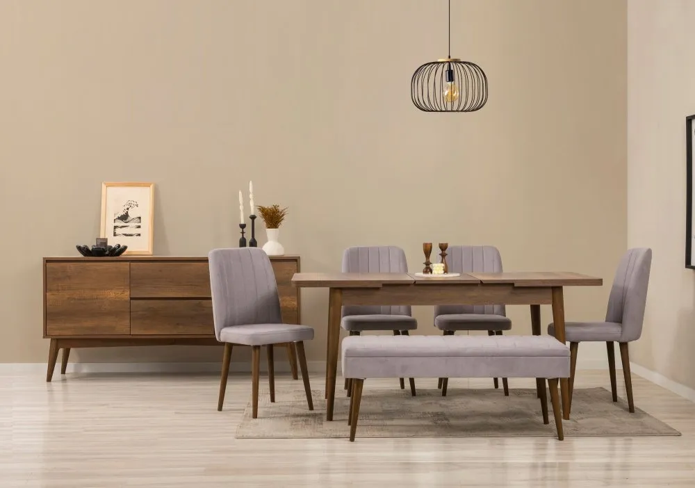 Vina 03 0701 Walnut Grey (Produžni trpezarijski sto, stolice i konzola set (7 komada)