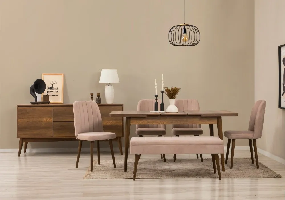 Vina 03 0900 Walnut Stone (Produžni trpezarijski sto, stolice i konzola set (7 komada))