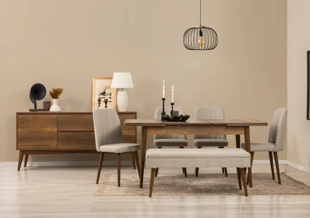 Vina 03 1005 Walnut Cream (Produžni trpezarijski sto, stolice i konzola set (7 komada)