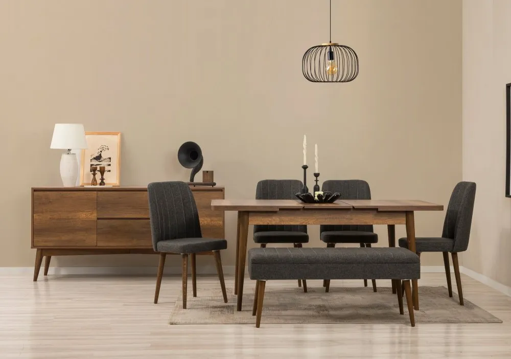 Vina 03 1053 Walnut Anthracite (Produžni trpezarijski sto, stolice i konzola set (7 komada)