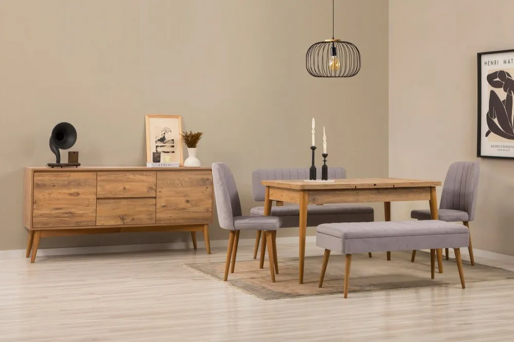 Vina Bench 04 0701 Atlantic Pine Grey (Produžni trpezarijski sto, stolice i konzola (6 komada)