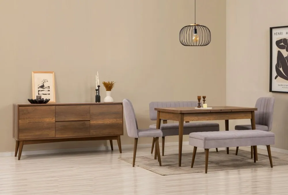 Vina Bench 04 0701 Walnut Grey (Produžni trpezarijski sto, stolice i konzola (6 komada)