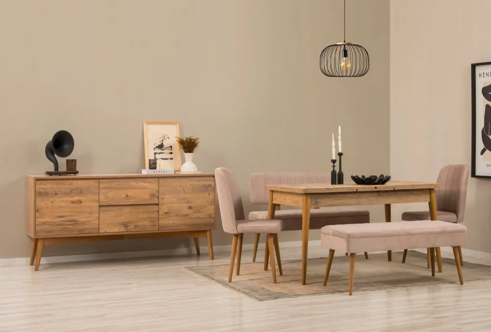 Vina Bench 04 0900 Atlantic Pine Stone (Produžni trpezarijski sto, stolice i konzola (6 komada)