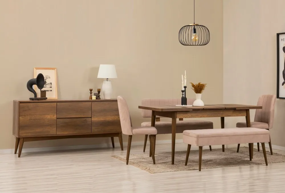 Vina Bench 04 0900 Walnut Stone (Produžni trpezarijski sto, stolice i konzola (6 komada)