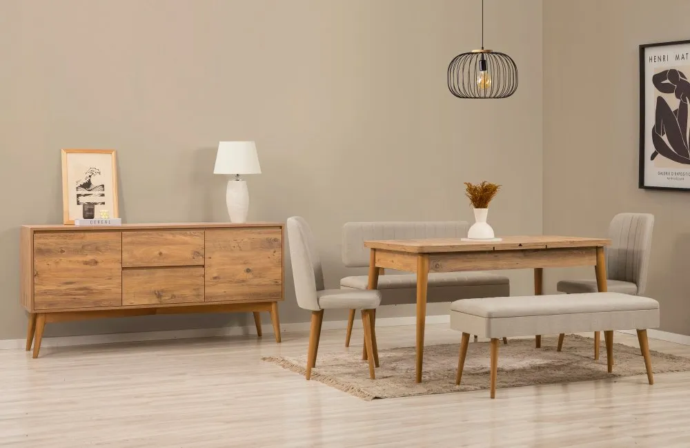 Vina Bench 04 1005 Atlantic Pine Cream (Produžni trpezarijski sto, stolice i konzola (6 komada)