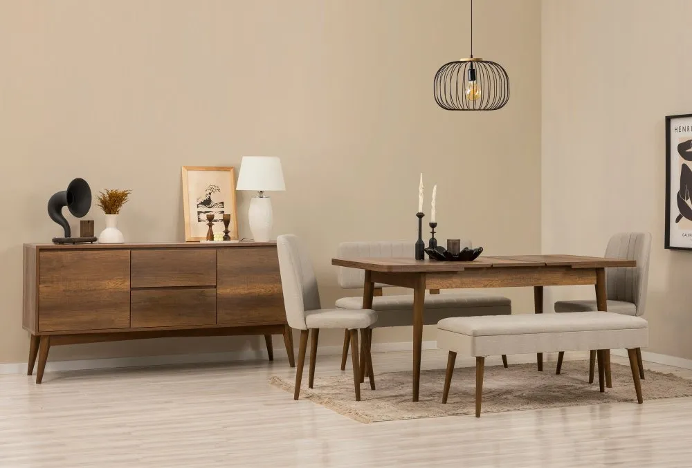 Vina Bench 04 1005 Walnut Cream (Produžni trpezarijski sto, stolice i konzola (6 komada)
