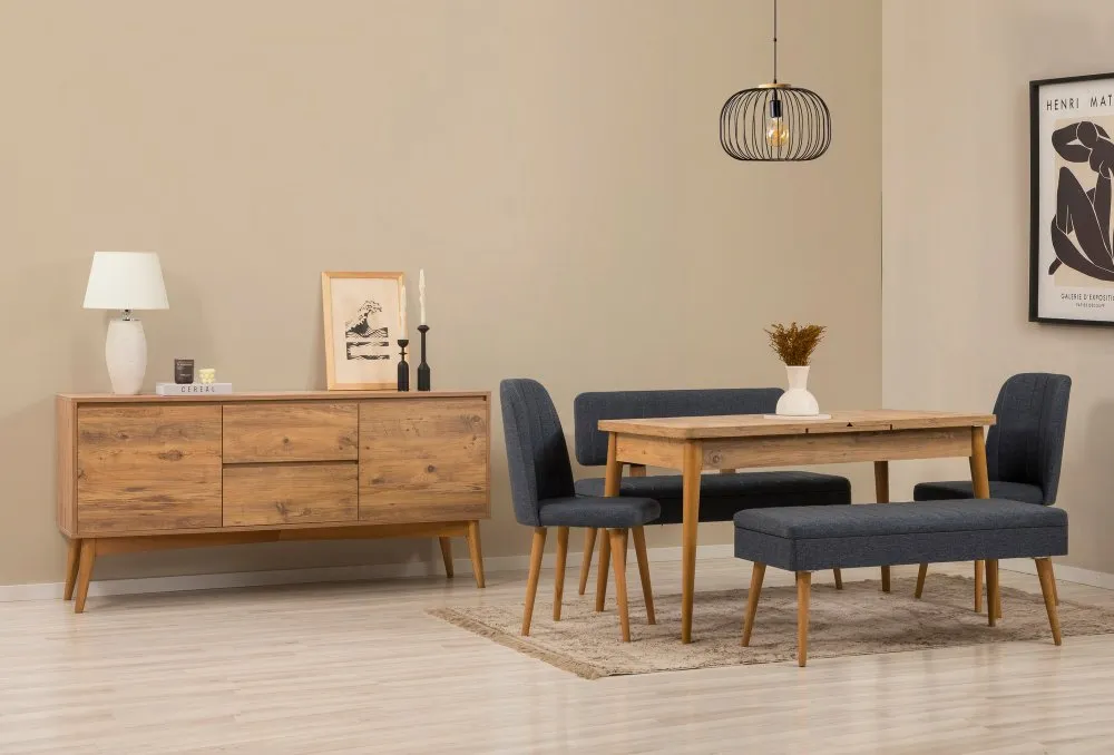 Vina Bench 04 1048 Atlantic Pine Dark Blue (Produžni trpezarijski sto, stolice i konzola (6 komada)