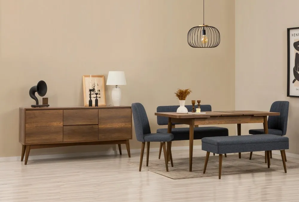Vina Bench 04 1048 Walnut Dark Blue (Produžni trpezarijski sto, stolice i konzola (6 komada)