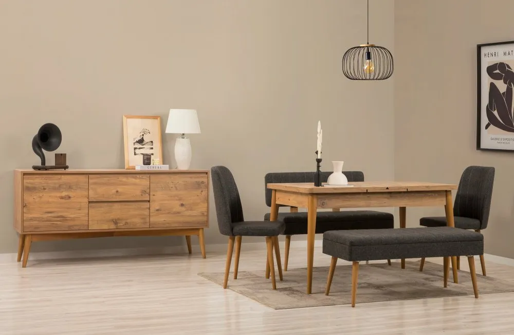 Vina Bench 04 1053 Atlantic Pine Anthracite (Produžni trpezarijski sto, stolice i konzola (6 komada)
