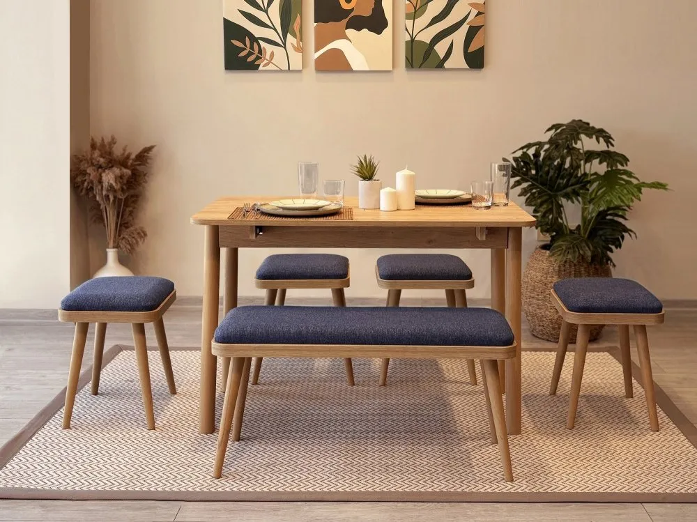 Vina Mini 06 1048 Oak Dark Blue set : sto, stolice i klupa