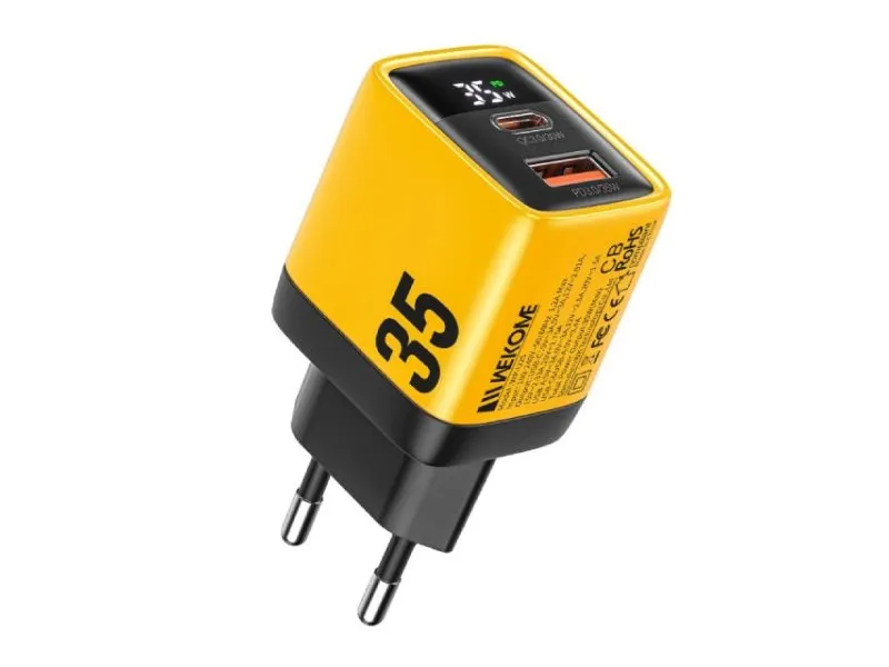 WP-U25 Super brzi Strujni GaN Punjač, 2-porta USB (3.0 i 3.1 Tip-C) 35W, sa displejom, žuti
