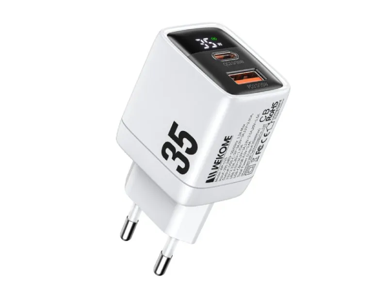 WP-U25 Super brzi Strujni GaN Punjač, 2-porta USB (3.0 i 3.1 Tip-C) 35W, sa displejom, beli